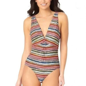 Anne Cole | One-Piece Striped Coastal Beach Pool Padded Cups Swimsuit Size 14